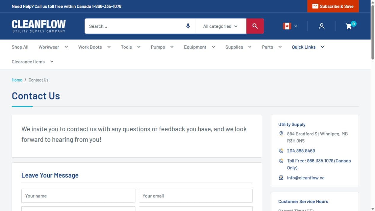 Cleanflow contact page with customer service details and the existing enquiry form