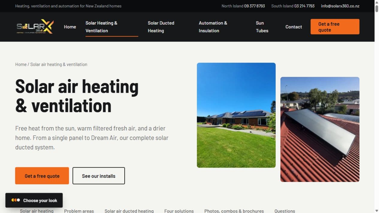 Solar X360 service page explaining solar air heating and ventilation