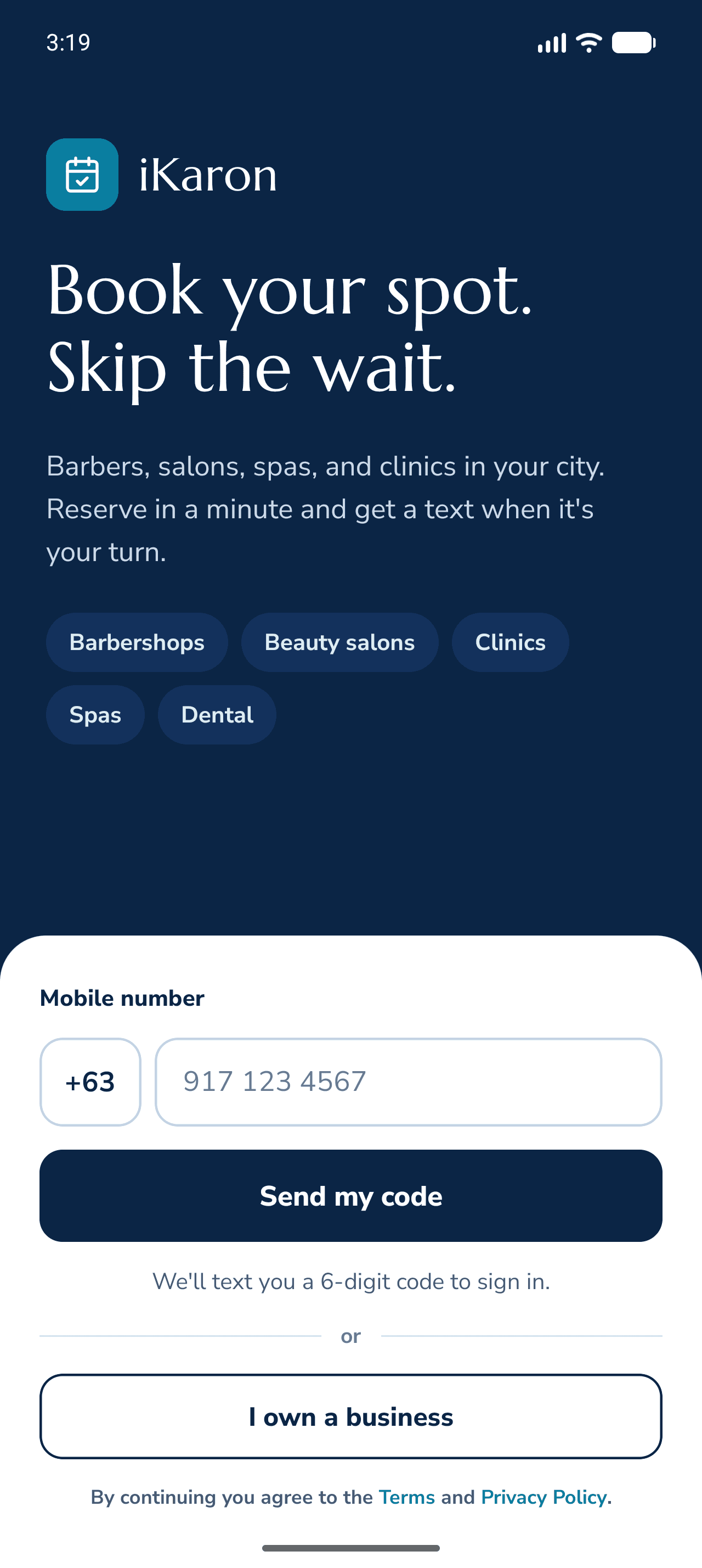 iKaron welcome screen: book your spot, skip the wait