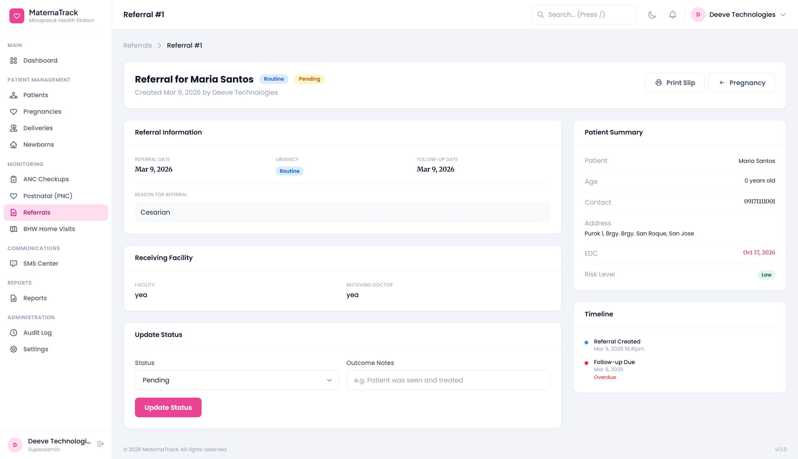 MaternaTrack referral screen with demo patient data