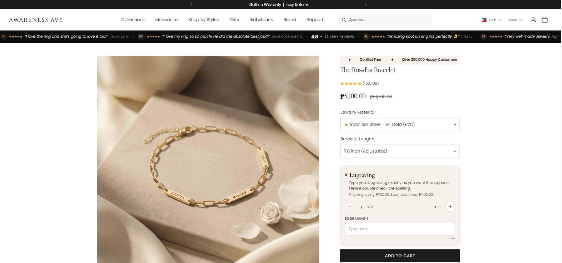 The engraving panel on a live Awareness Avenue bracelet page, taking up to three engravings with per-engraving pricing