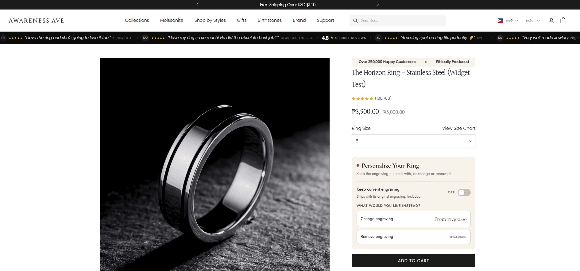 The engraving widget running on a live Awareness Avenue ring product page