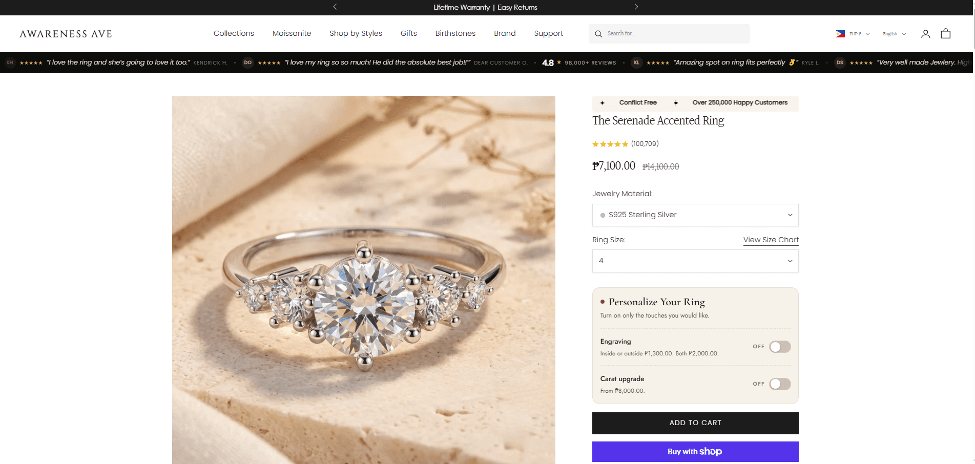 The Personalize Your Ring panel on a live Awareness Avenue ring page, with engraving and carat upgrade toggles