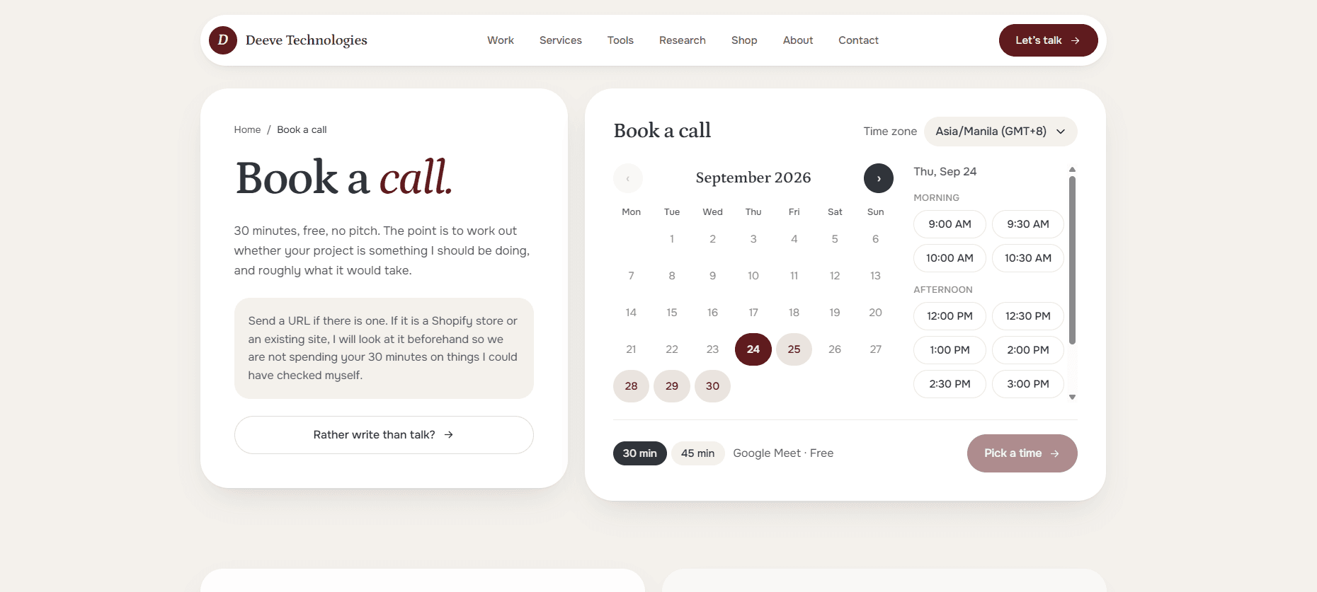 The book a call page on deeve.info, with its own Cal.com calendar, time zone picker and 30 or 45 minute choice