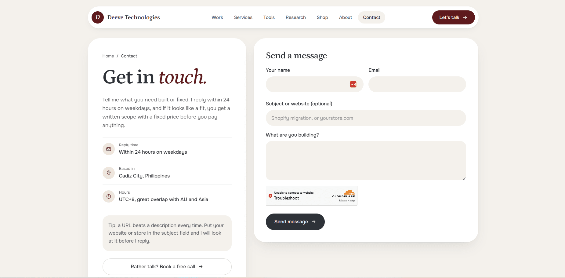 The contact page on deeve.info, with the send a message form and its reply time, location and hours