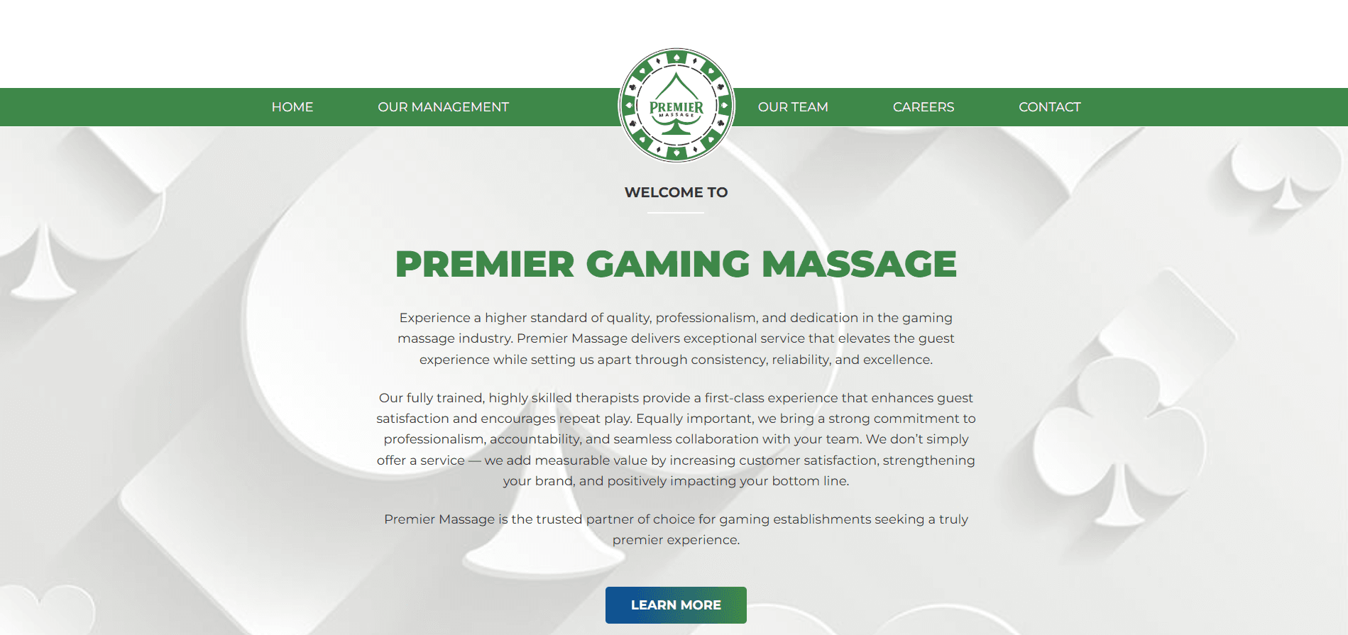 Gaming Massage WordPress homepage with the Premier Massage logo and welcome copy