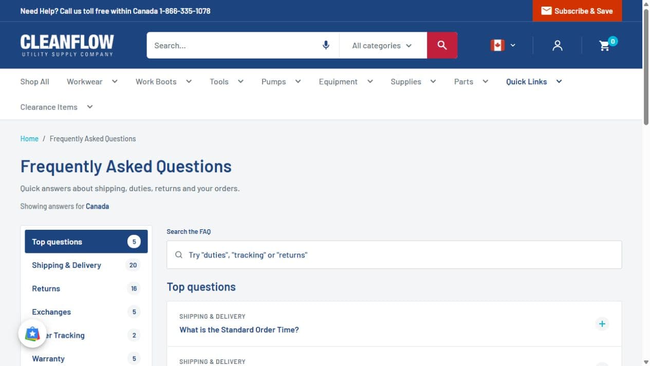 Cleanflow’s FAQ page with Canadian answers, topic navigation and a search field.