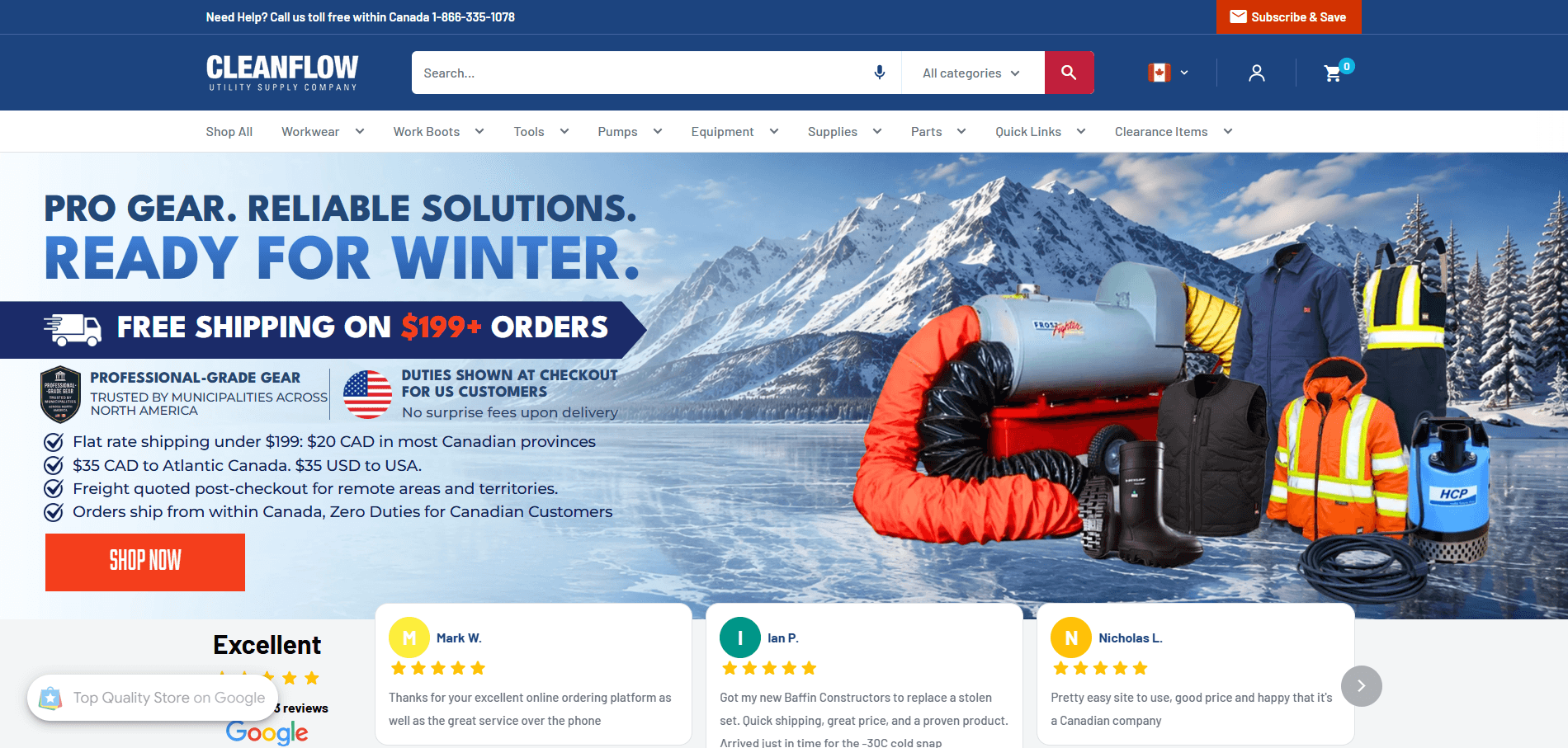 Cleanflow homepage showing winter equipment, shipping information and customer reviews.